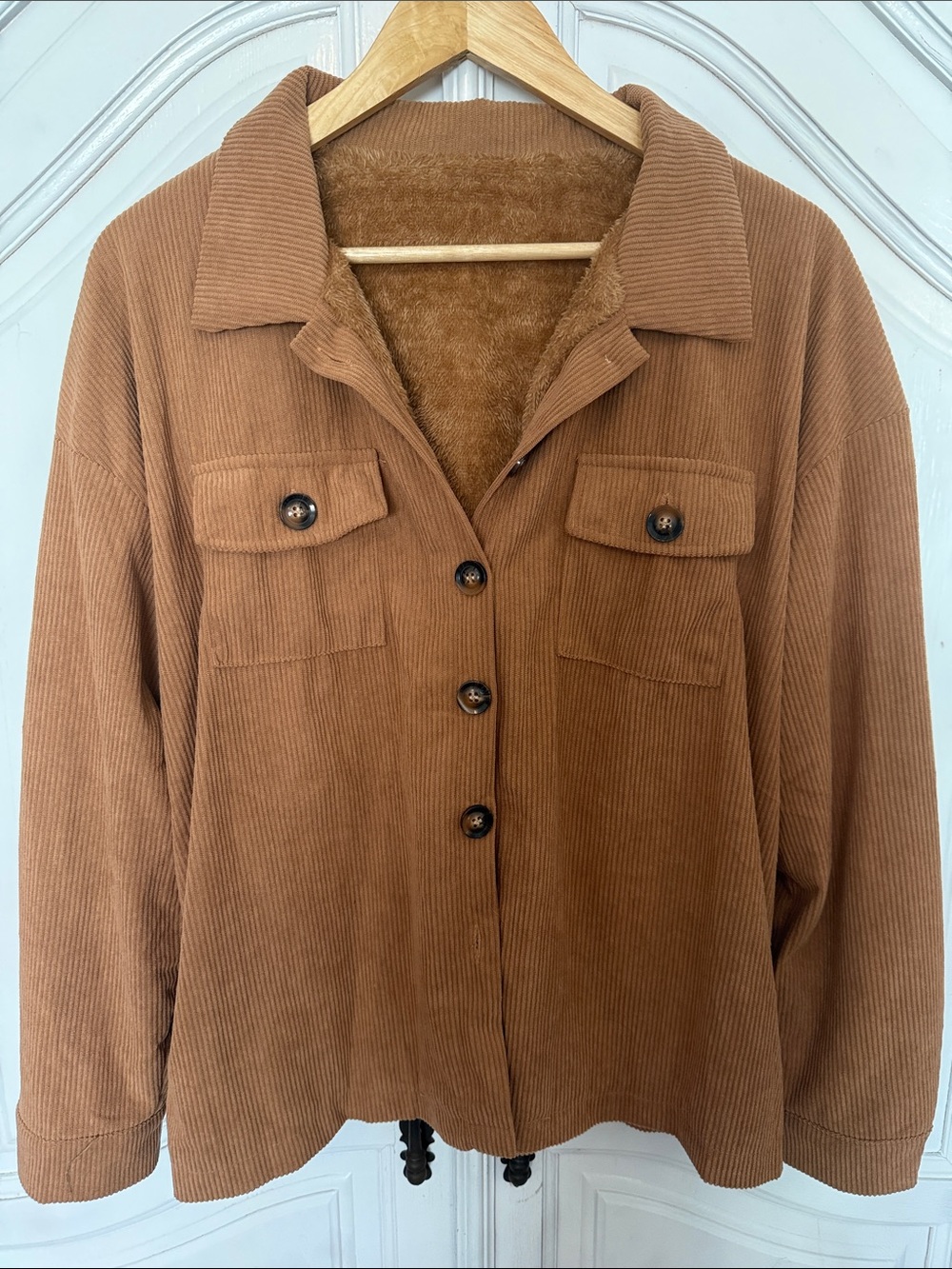Camel Brown Corduroy Sherpa-Lined Shacket Jacket Size M/L Cabincore Lagenlook